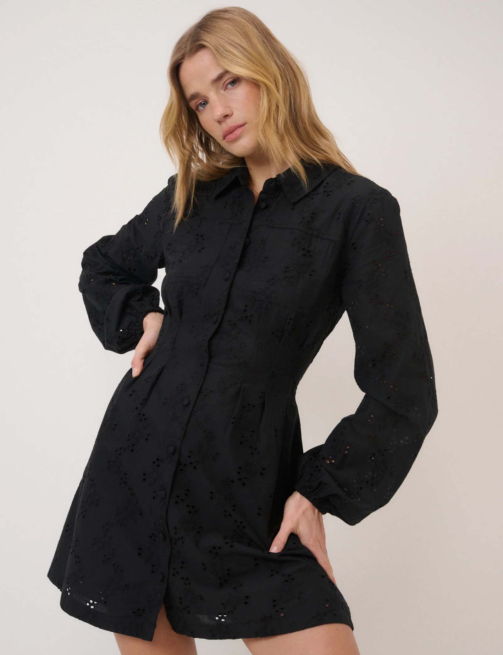 Black Broderie Anglaise Montego Mini Shirt Dress - Image 4