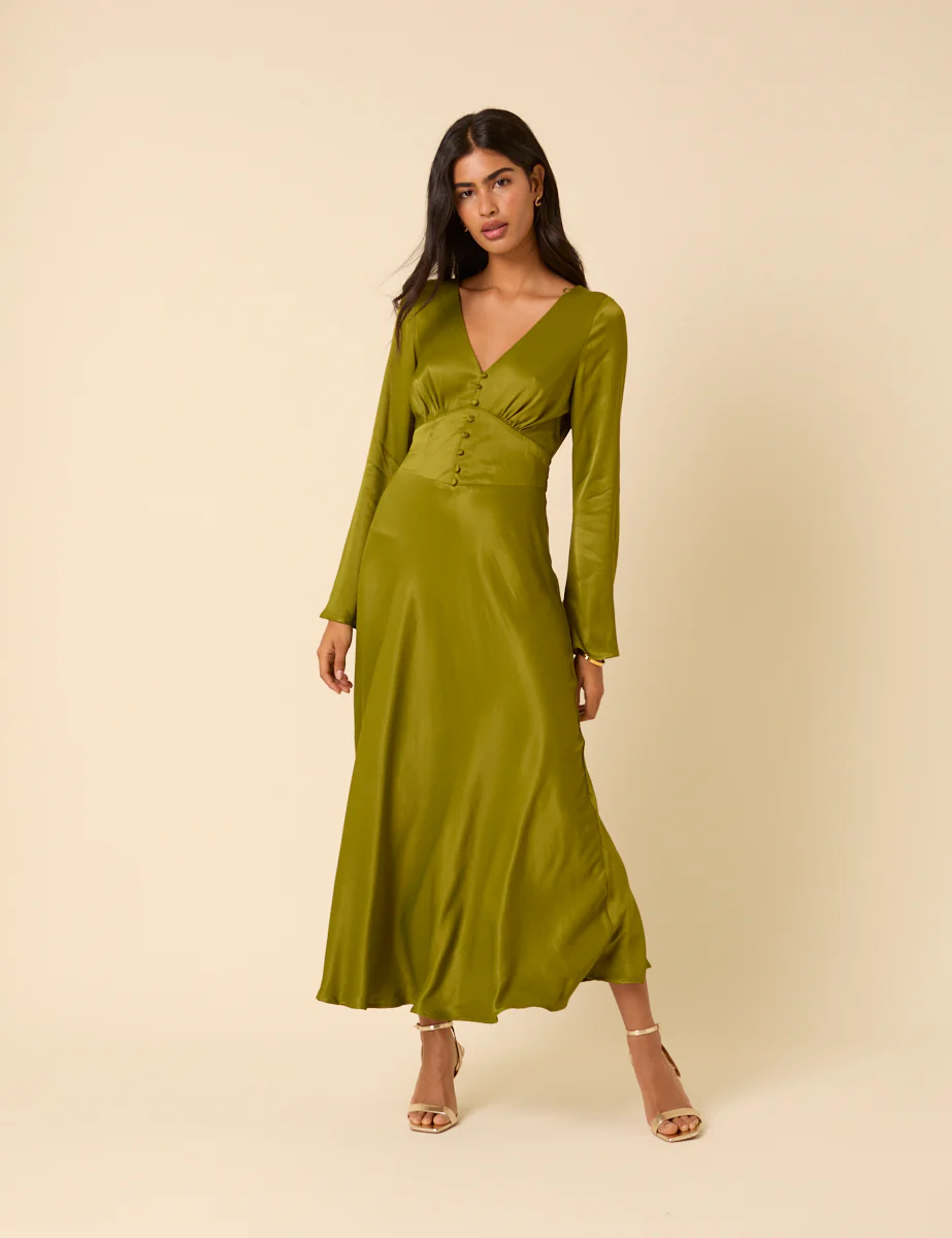 Olive Green Satin Long Sleeve Stella Midi Dress