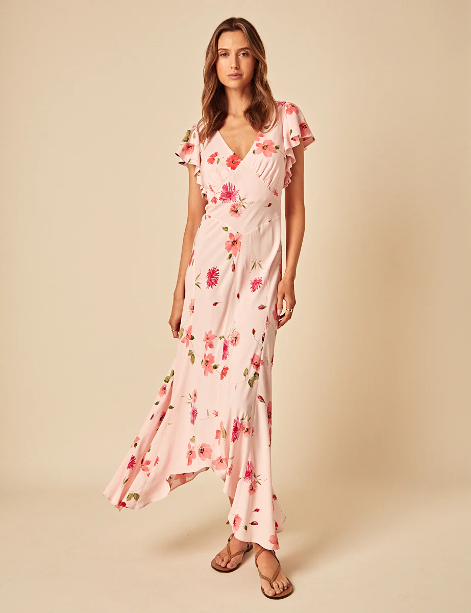 Pink Floral Frill Sleeve Loubelle Midi Dress - Image 3