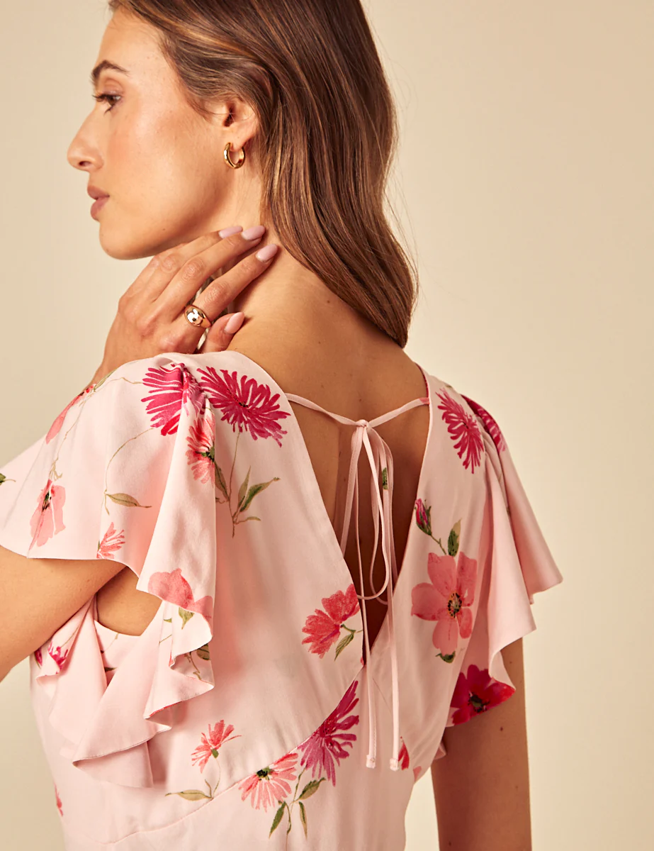 Pink Floral Frill Sleeve Loubelle Midi Dress - Image 4
