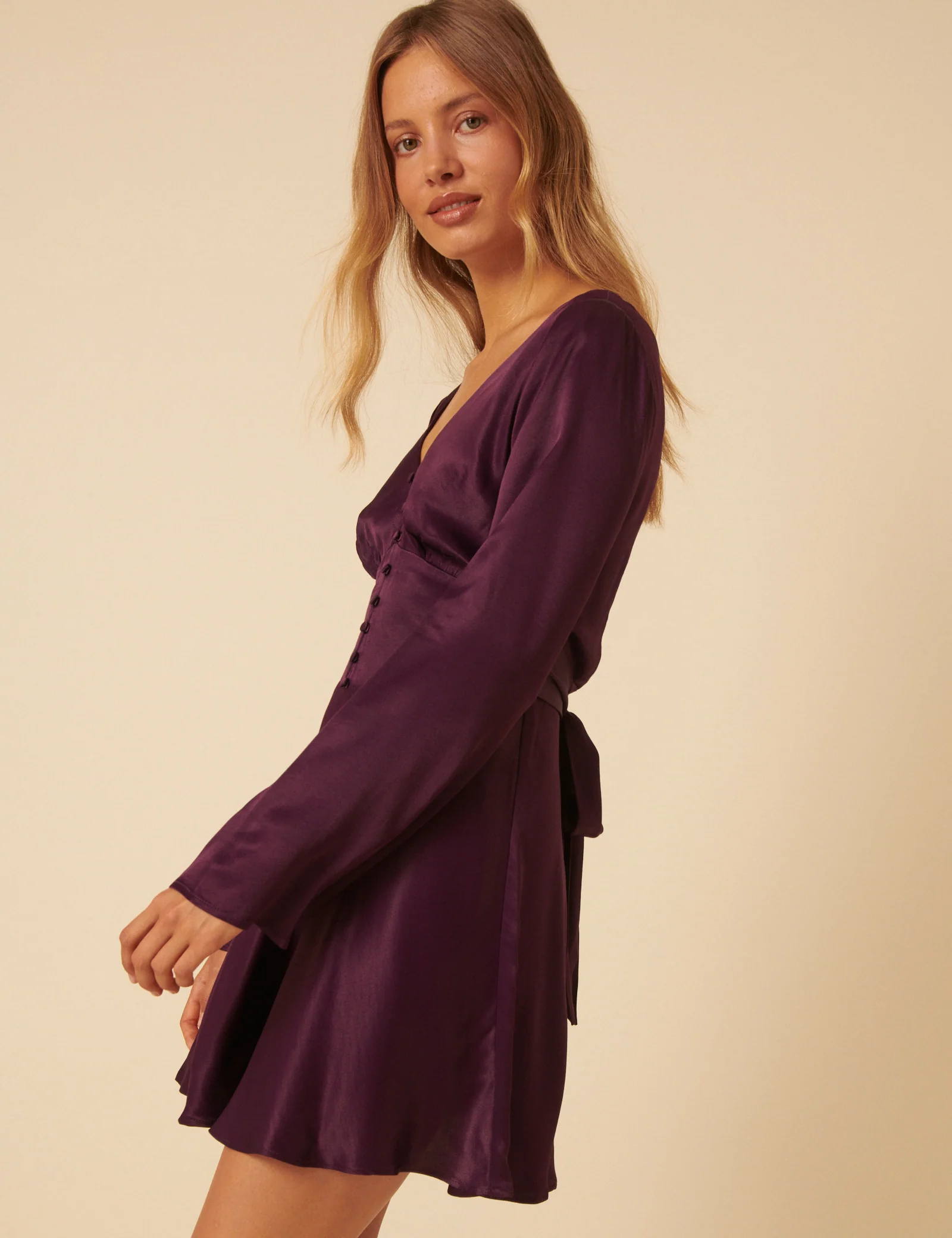 Purple Satin Long Sleeve Stella Mini Dress - Image 3