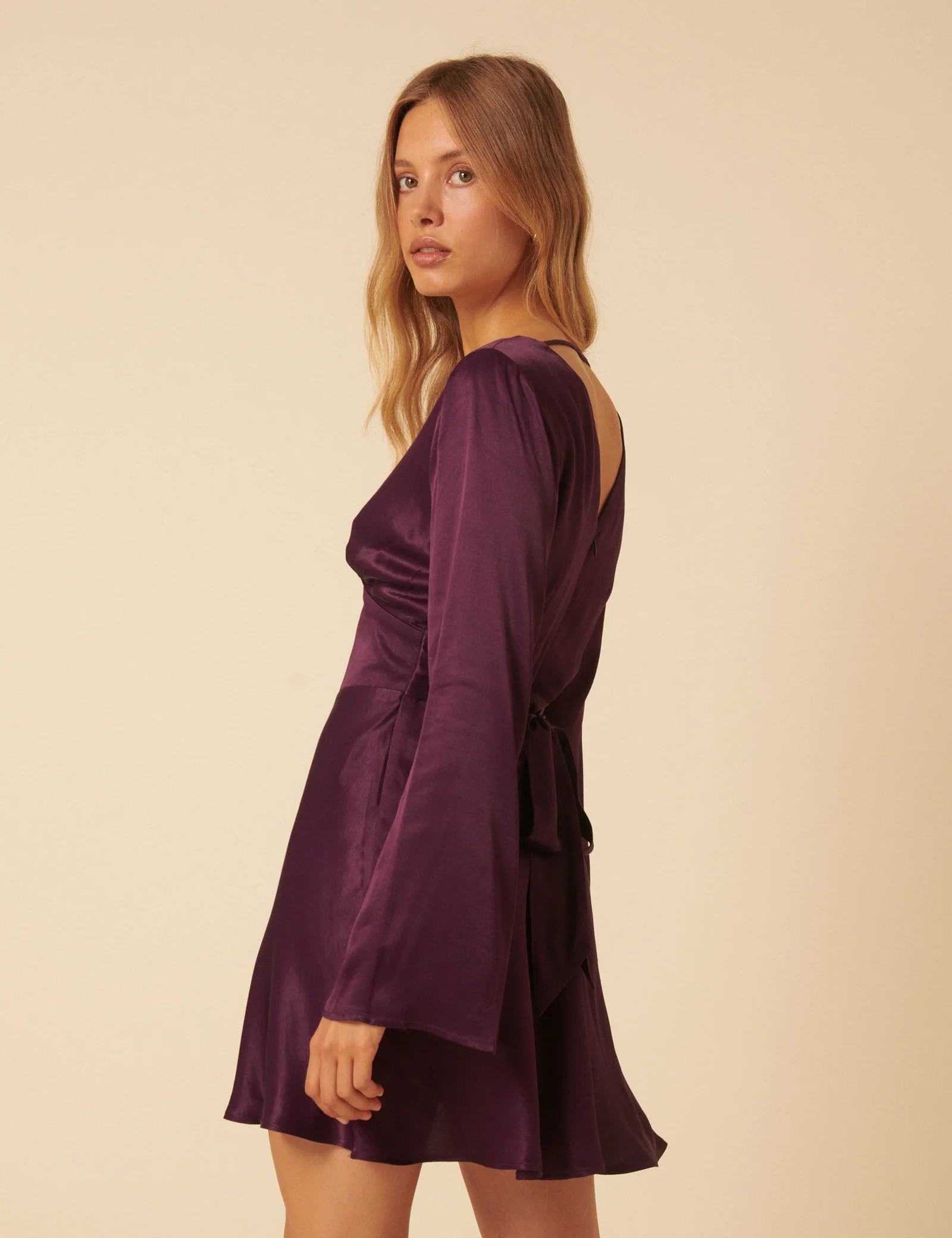 Purple Satin Long Sleeve Stella Mini Dress - Image 5