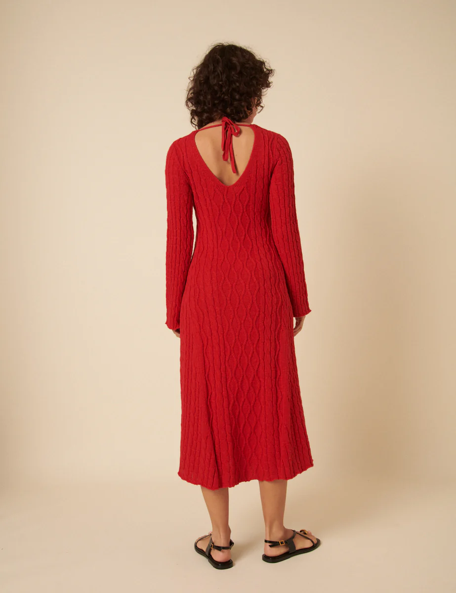 Red Cable Knit A-Line Knitted Dress - Image 4