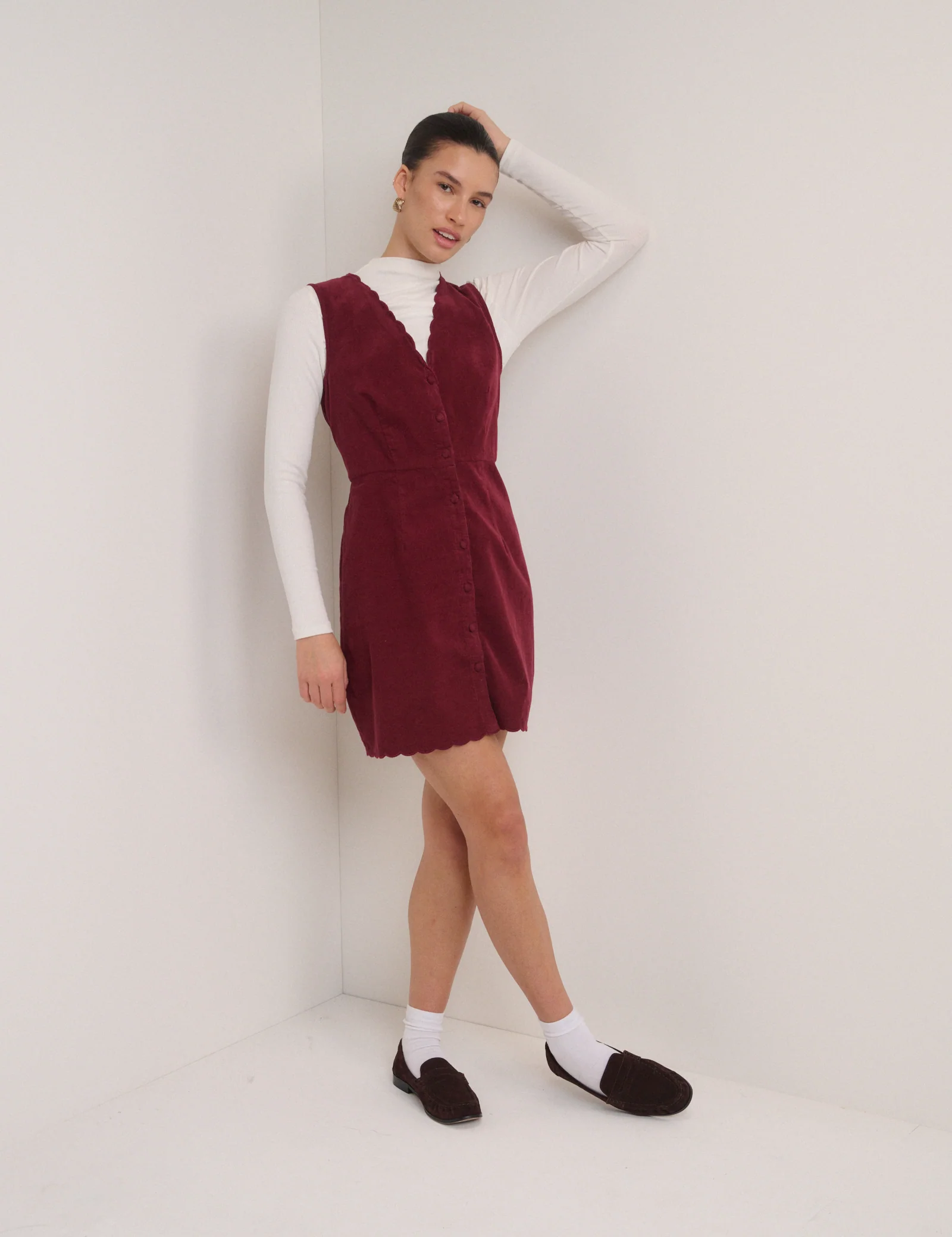 Red Cord Scallop Trim Pinafore Mini Dress - Image 4