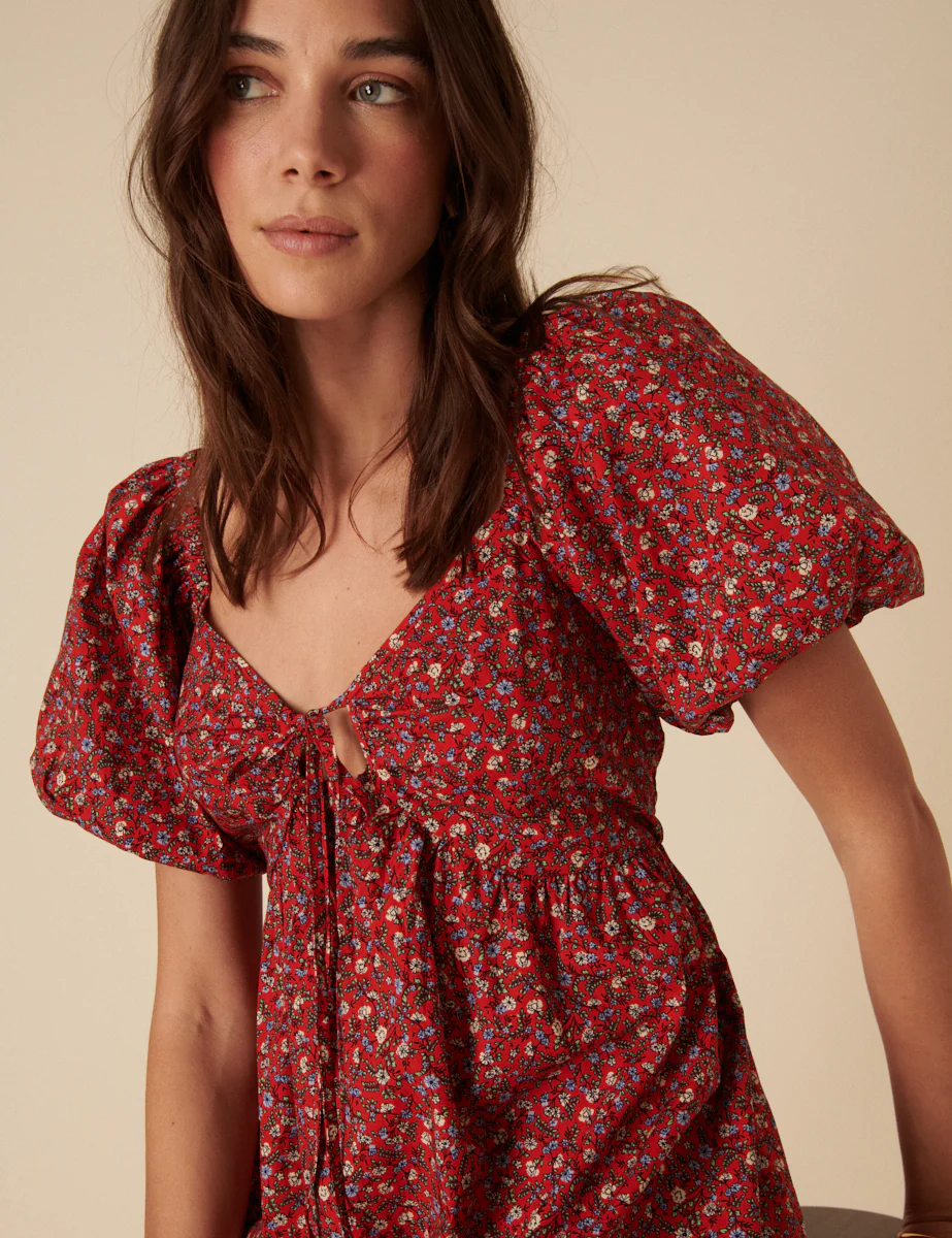 Red Ditsy Floral Puff Sleeve Joanna Mini Dress - Image 2