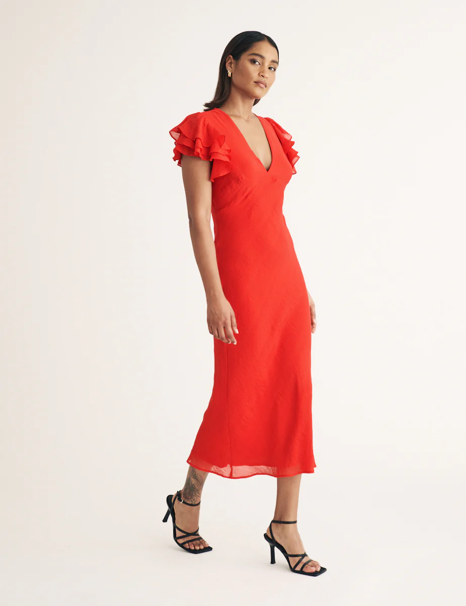 Red Frill Sleeve Layla Midi Dress - Image 4