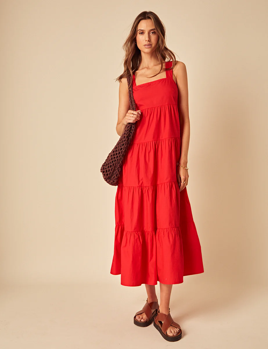 Red Tiered Cassia Midi Dress - Image 3
