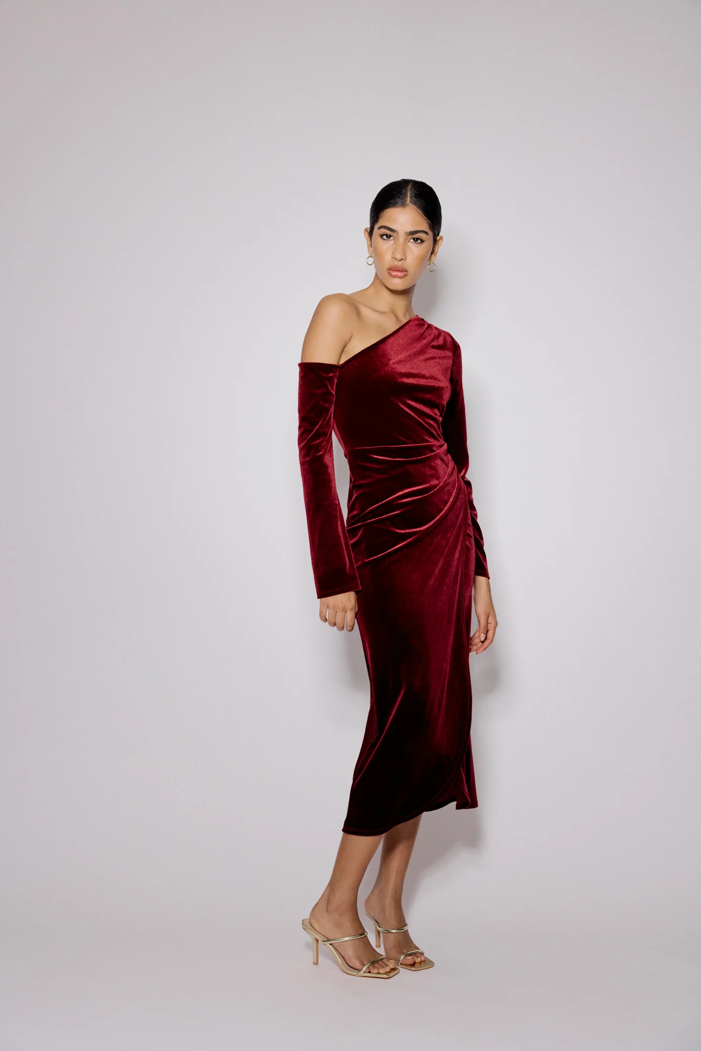 Red Velvet Asymmetric Virgo Midi Dress - Image 5