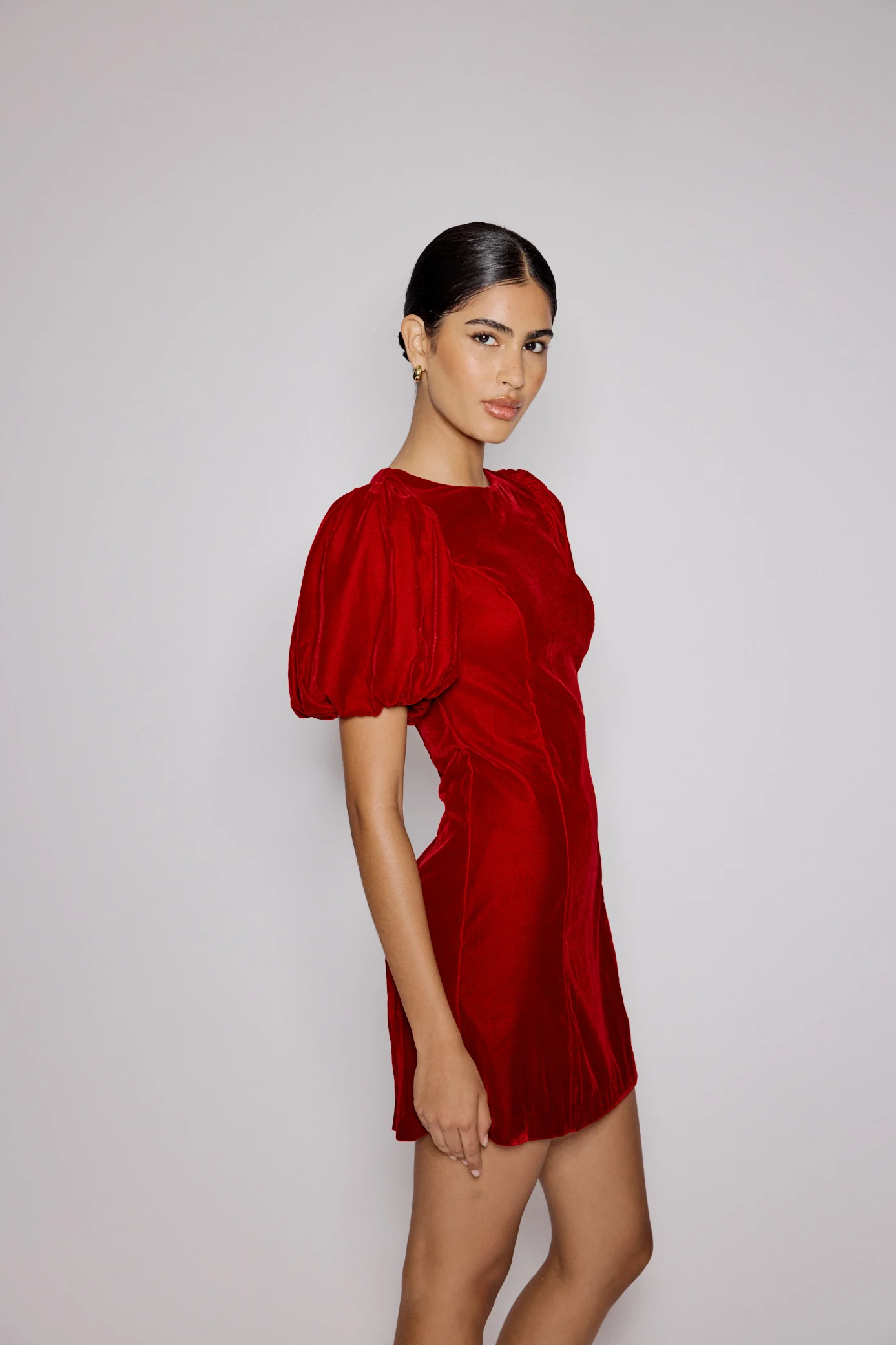 Red Velvet Puff Sleeve Boston Mini Shift Dress - Image 3