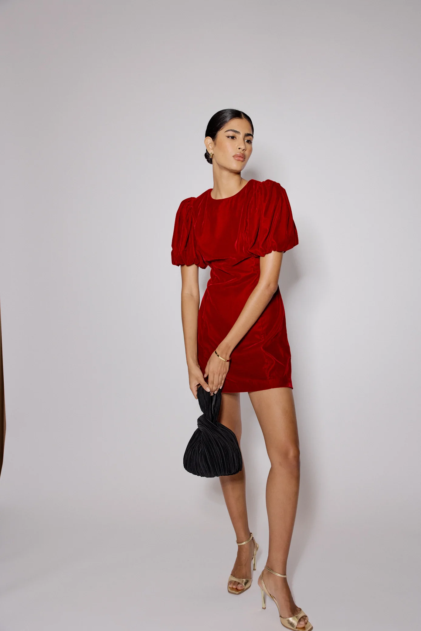 Red Velvet Puff Sleeve Boston Mini Shift Dress - Image 4