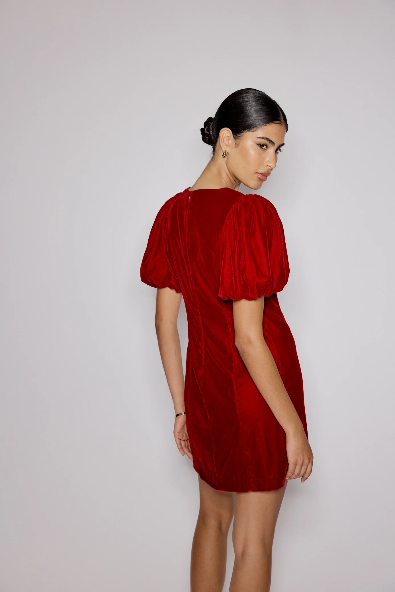 Red Velvet Puff Sleeve Boston Mini Shift Dress - Image 6
