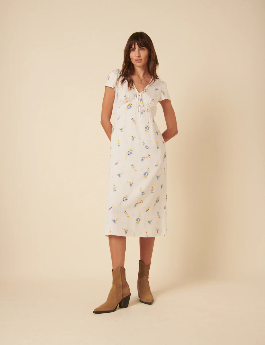 White Ditsy Floral Billie Midi Tea Dress