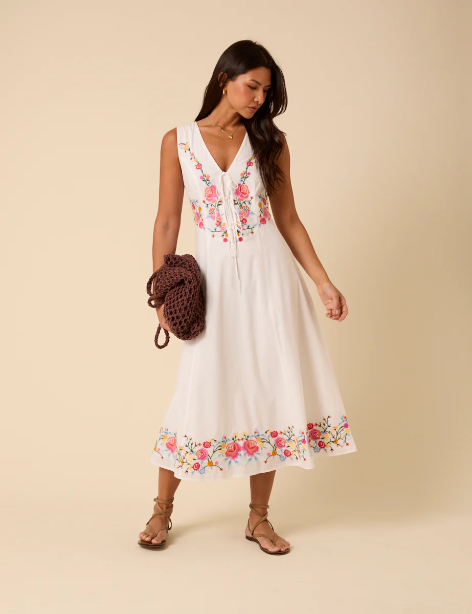White Floral Embroidered Terra Midi Dress - Image 4