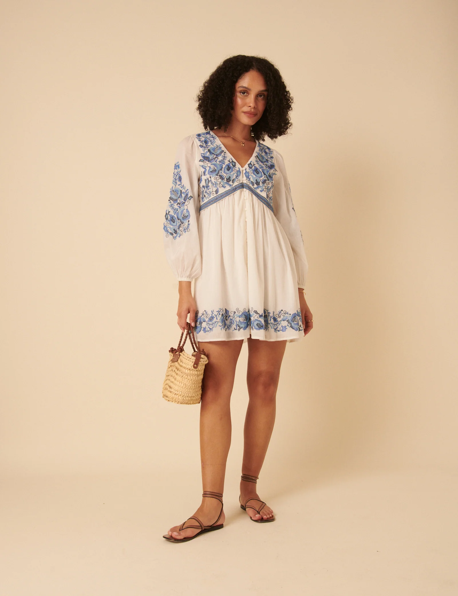 White Long Sleeve Floral Embroidered Trishna Mini Dress - Image 4
