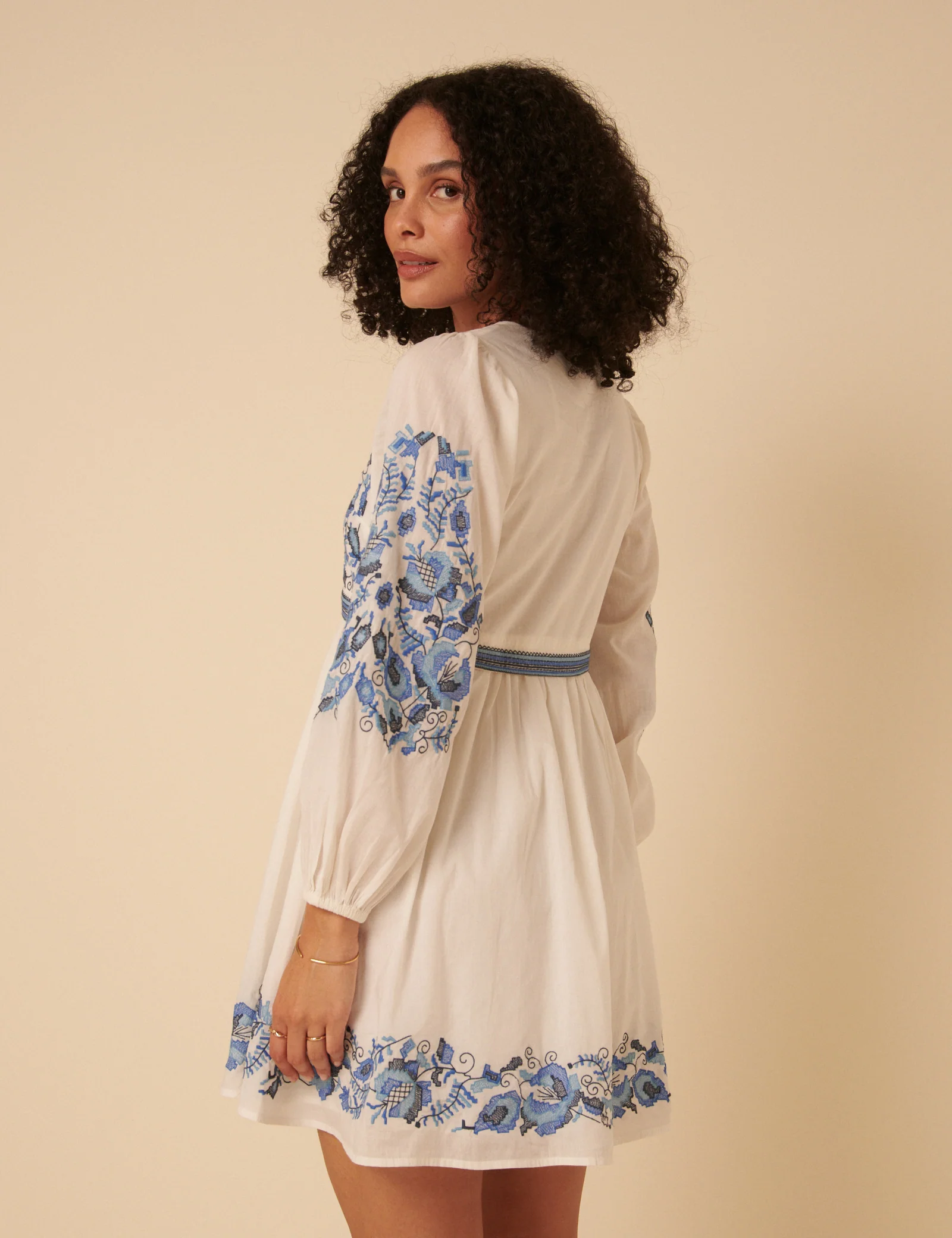 White Long Sleeve Floral Embroidered Trishna Mini Dress - Image 5
