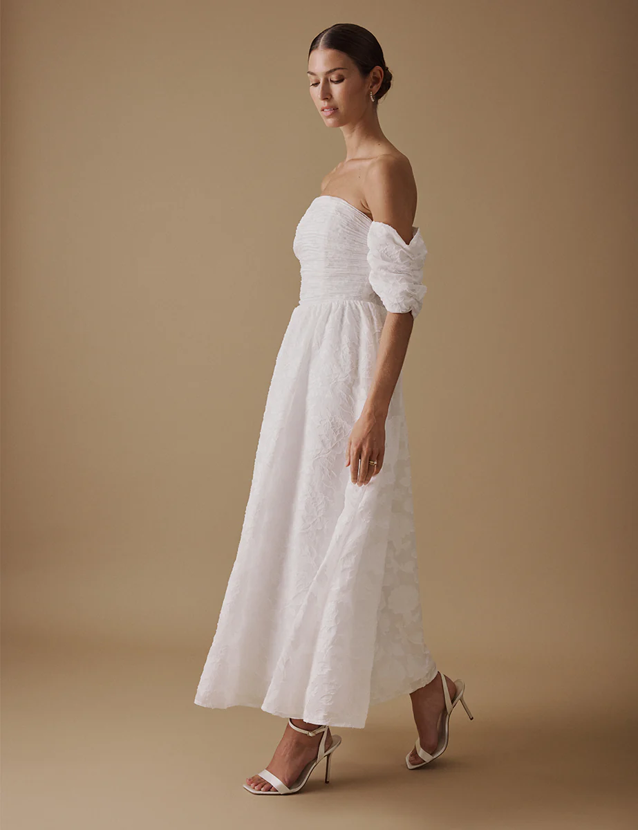 White Off The Shoulder Midi Verna Bridal Dress - Image 4
