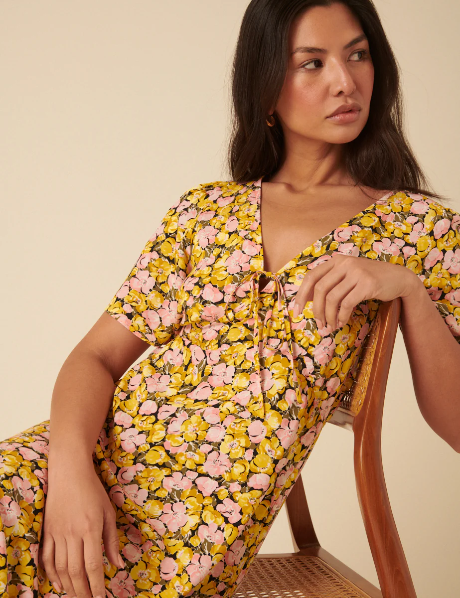 Yellow Floral Frill Sleeve Dalia Midi Dress - Image 2