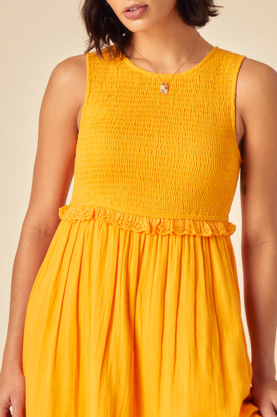 Yellow Ruched Tiered Blossom Midi Dress - Image 3