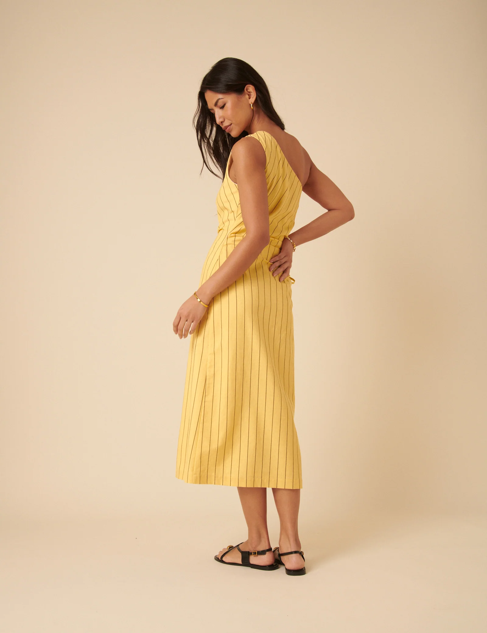 Yellow Striped One Shoulder Una Midi Dress - Image 5